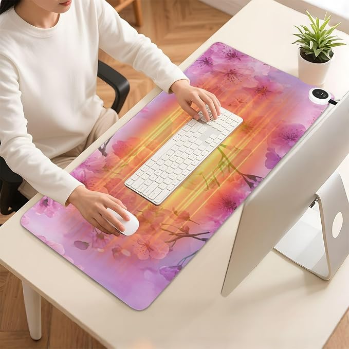 Heated Desk Pad Mouse Pad 31.5x13 Inch PU Leather Desk Mat with 3 Heat Levels Large Mouse Gaming Computer Laptop Mat Romantic Cherry Blossom