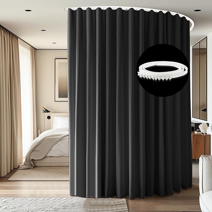 Room Divider Ceiling Mounted Curtains Track Sets Extra Wide Blackout Curtain Flexible Tracks for Bedroom Privacy Partition Separator, 1Panel Black Drape and White Rail, W10 x H10ft