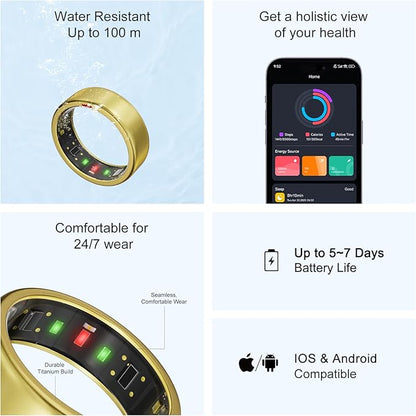 Ring OnePlus - Ultra-Thin Titanium Smart Ring - 7 Days Battery Life - Fitness/SPO₂/Stress/HR/Sleep Skin Temperature Tracker - No App Fee - iOS&Android Compatible (Gold,Size 8)