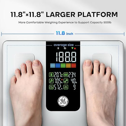 GE Smart Scale for Body Weight, BMI, Body Fat, Muscle Mass, Digital Bathroom Scales 500lbs for Bluetooth Weight Monitor 11.8" Large Platform Weighing Machine Health Analyzer with App, White