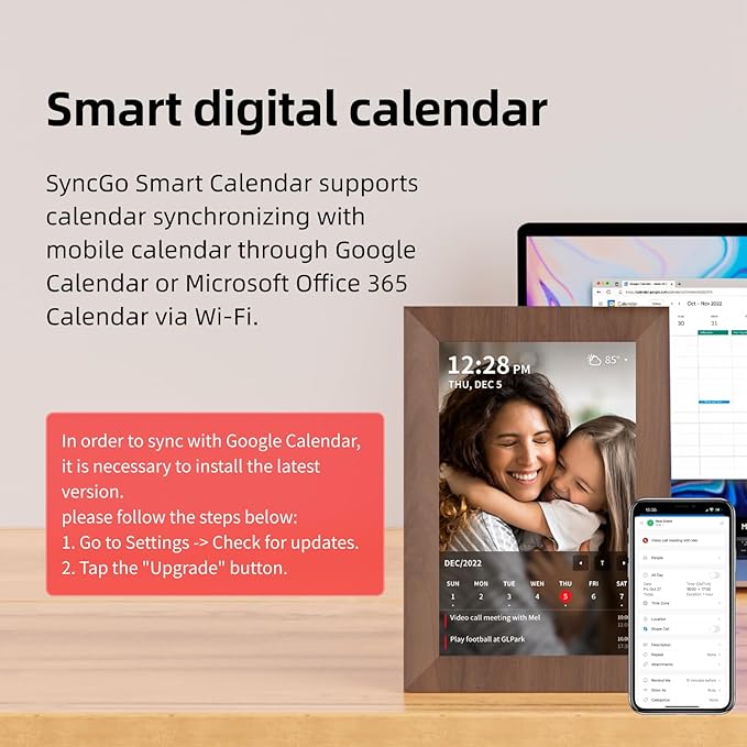 10.1 Inch Smart Wi-Fi Digital Calendar (Wood Grain) - Displays Your Photos, Wi-Fi Sync with Google Calendar, Wide Angle HD View