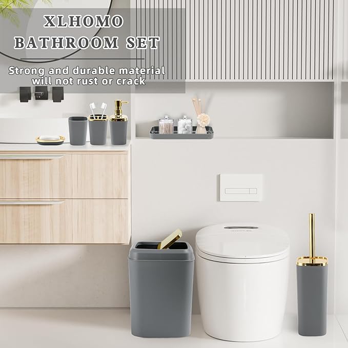 Grey Bathroom Accessories Set, Bathroom Sets with Shower Curtain, Grey Bathroom Accessories with Trash Can, Soap Dispenser, Soap Dish, Toilet Brush Holder, Qtip Holders for Bathroom