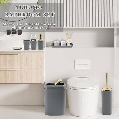 Grey Bathroom Accessories Set, Bathroom Sets with Shower Curtain, Grey Bathroom Accessories with Trash Can, Soap Dispenser, Soap Dish, Toilet Brush Holder, Qtip Holders for Bathroom