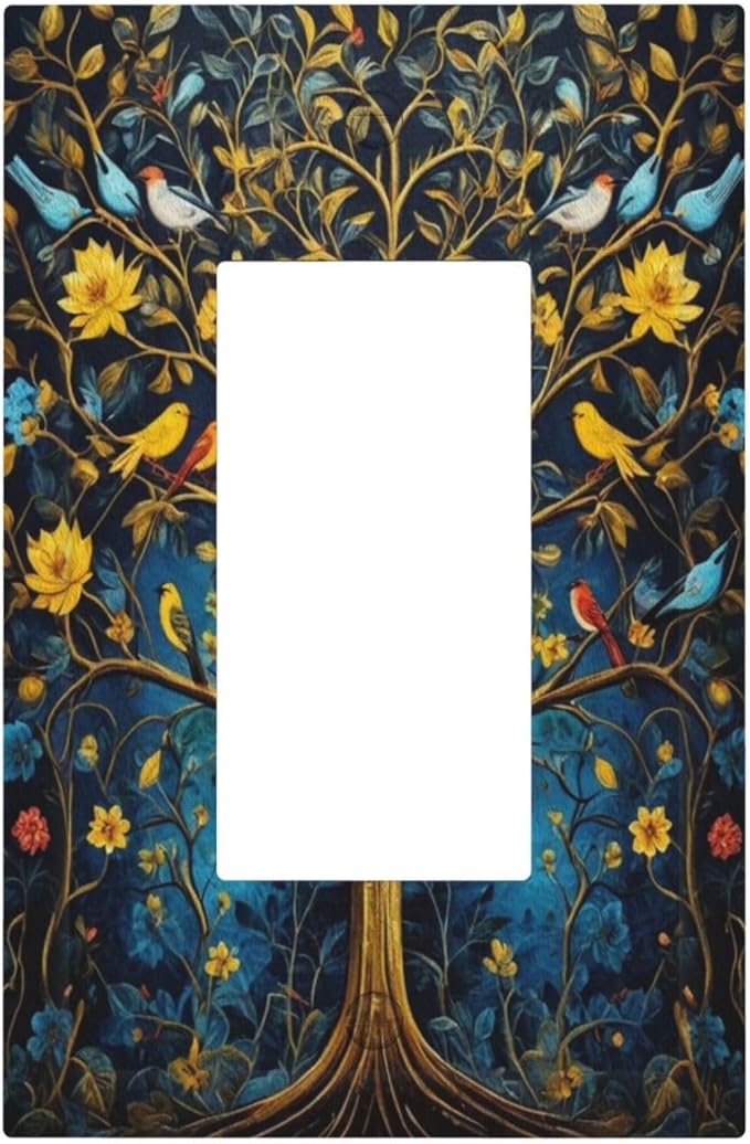 Gold Tree With Birds Flowers on Branches Single Decora Outlet Wall Plate 1 Gang Rocker Decorative Switchplate Faceplate GFCI Light Switch Covers for Home Living Decor