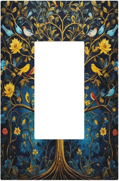 Gold Tree With Birds Flowers on Branches Single Decora Outlet Wall Plate 1 Gang Rocker Decorative Switchplate Faceplate GFCI Light Switch Covers for Home Living Decor