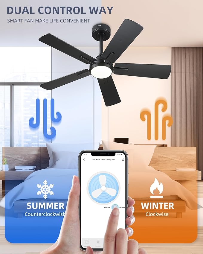 YOUKAIN Ceiling Fans with Lights, 42 Inch Black Ceiling Fans, Smart Ceiling Fan Works with Voice Control & Remote Control, Reversible Blades, Modern Led Ceiling Fan for Bedroom, 42-YJ812-BK