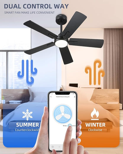YOUKAIN Ceiling Fans with Lights, 42 Inch Black Ceiling Fans, Smart Ceiling Fan Works with Voice Control & Remote Control, Reversible Blades, Modern Led Ceiling Fan for Bedroom, 42-YJ812-BK