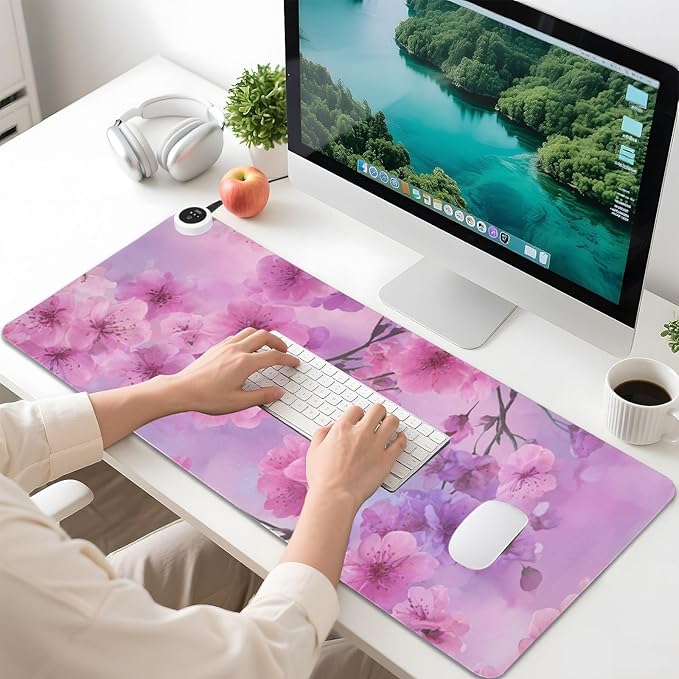 Heated Desk Pad Mouse Pad 31.5x13 Inch PU Leather Desk Mat with 3 Heat Levels Large Mouse Gaming Computer Laptop Mat Romantic Cherry Blossom
