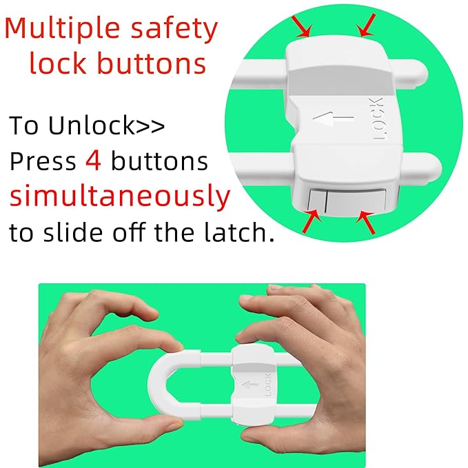 (10 pack black) 4 button Cabinet Locks, U-Shaped Proofing Drawers Safety Child Locks Adjustable, for Wardrobe,Kitchen,Bathroom,Drawer,Fridge,Cupboard Doors Knobs & Handles