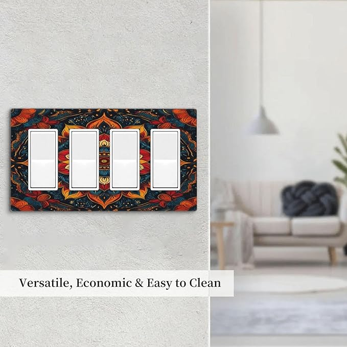 Boho Colorful Mandala 4 Gang Wall Plates Outlet Covers Quad Rocker Light Switch Cover Plate Decorative Switch Plates GFCI Electrical Faceplate for Bathroom Bedroom Decor 4.5 X 8 IN