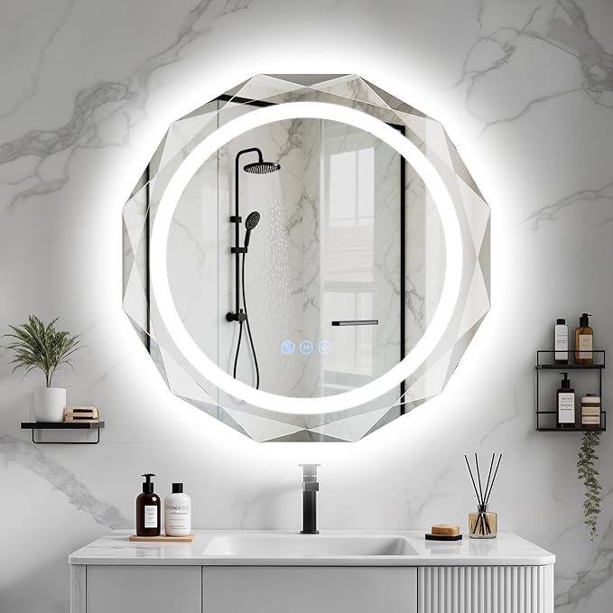 32 Inch Round LED Bathroom Mirror with Lights, Frameless Vanity LED Mirror for Bathroom with Beveled Edge, Backlit Anti-Fog, Dimmable, 3 Colors, Memory Function, Tempered Glass, Shatter-Proof