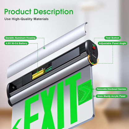 Led Edge-Lit Exit Sign ,Brushed Aluminum Housing Double-Sided Mirrored Rotating Acrylic Panel,Hardwired Emergency Exit Signs with Battery Backup, 120V-347VAC,Green Led Emergency Exit Light for Business , UL Listed,Top/Side/Wall Mount(2 Pack)