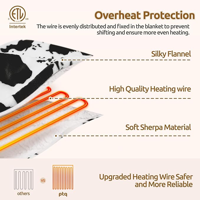 Black Cow Print Heated Throw Blanket 50"x60", Electric Blanket with 6 Heat Settings & 1-12H Timer, Cozy Soft Flannel Sherpa, Machine Washable, Warm Gift for Women