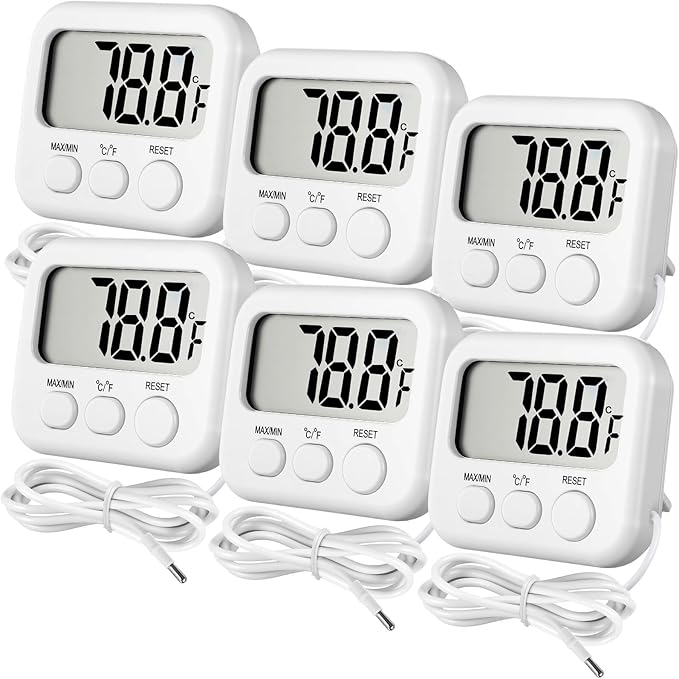 Kingdder 6 Pack Digital Thermometer with Magnetic Back External Sensor Fridge Thermometer Freezer Waterproof Room Temperature Monitor with LCD Display, Max/min Record Function for Kitchen Aquarium
