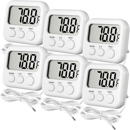 Kingdder 6 Pack Digital Thermometer with Magnetic Back External Sensor Fridge Thermometer Freezer Waterproof Room Temperature Monitor with LCD Display, Max/min Record Function for Kitchen Aquarium
