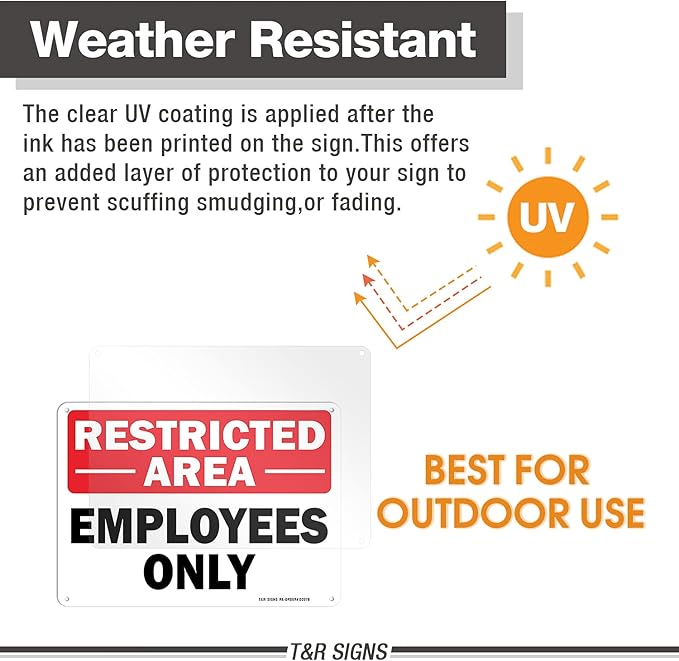 Restricted Area Sign Employees Only Sign - 2 Pack - 10 x 7 Inches Rust Free .040 Aluminum - UV Protected, Waterproof, Weatherproof and Fade Resistant - 4 Pre-drilled Holes
