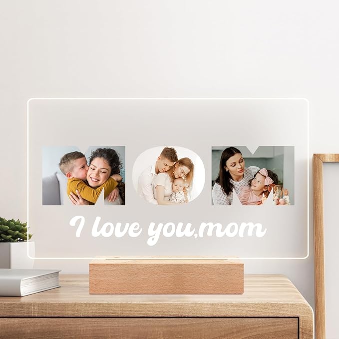 Custom Mom Picture Frame with Photo, Personalized Photo Frame with Night Light, Customized Picture Frames, Personalized Valentines Day Gifts for Mom from Daughter & Son