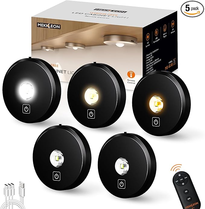 Puck Lights Cordless with Remote Control, 2200mAh Rechargeable Under Counter Lighting,3 Color Temperatures Dimmable Under Cabinet,Closet Light,Tap Light for Hallway (Black, 5PCS)