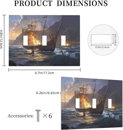 Decorative Light Switch Cover Plate Medieval Vintage Sailing Adventure Sailings Ocean Waves 3 Gang Wall Plate Triple Toggle Switch Plate Covers Electrical Outlet Cover for Bedroom Cabin