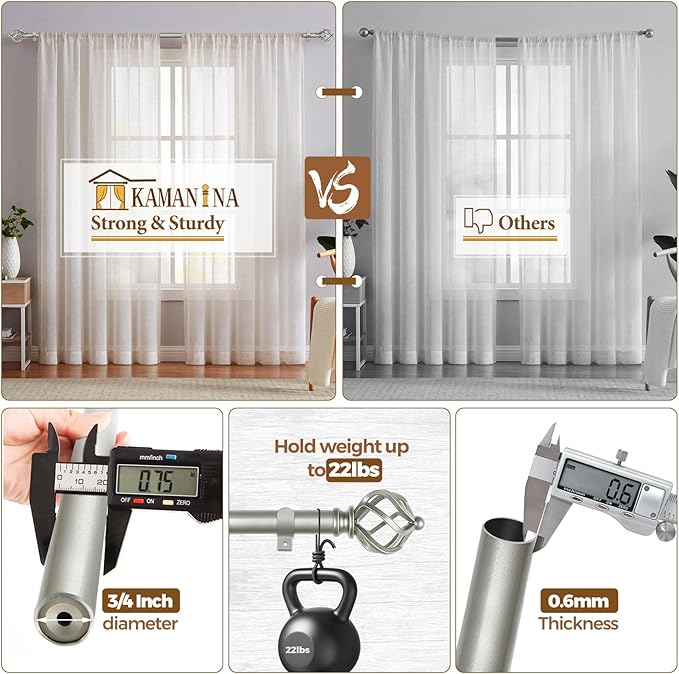 KAMANINA Silver Curtain Rod 32 to 58 Inch(2.6-4.8ft), Adjustable Curtain Rods for Windows 28 to 48 Inch, 3/4 Inch Splicing Drapery Rods with Twisted Cage Finial