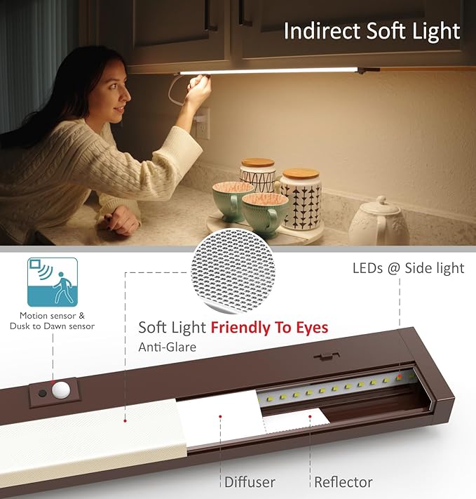 Under Cabinet Lighting Motion Sensor Hardwired, 24 Inch 12W Dimmable, 5 CCT 2700/3000/3500/4000/5000K, Eyes Care Design Linkable Under Counter Lights for Kitchen, Sink, ETL Listed, Bronze