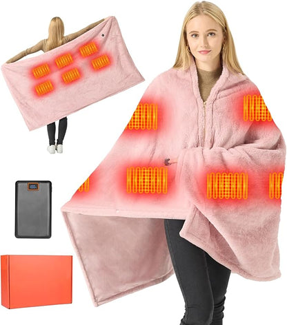 Graphene Heated Blanket Battery Operated, 20000mAh Battery 7.4V Fast Heating Blanket Portable Heated Shawl, Cordless Rechargeable Heated Shawl 3 Temperature Settings, Gift for Women (Pink)