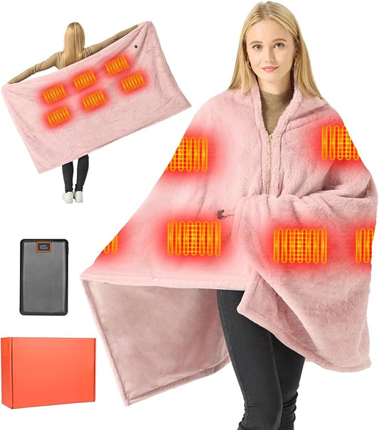 Graphene Heated Blanket Battery Operated, 20000mAh Battery 7.4V Fast Heating Blanket Portable Heated Shawl, Cordless Rechargeable Heated Shawl 3 Temperature Settings, Gift for Women (Pink)