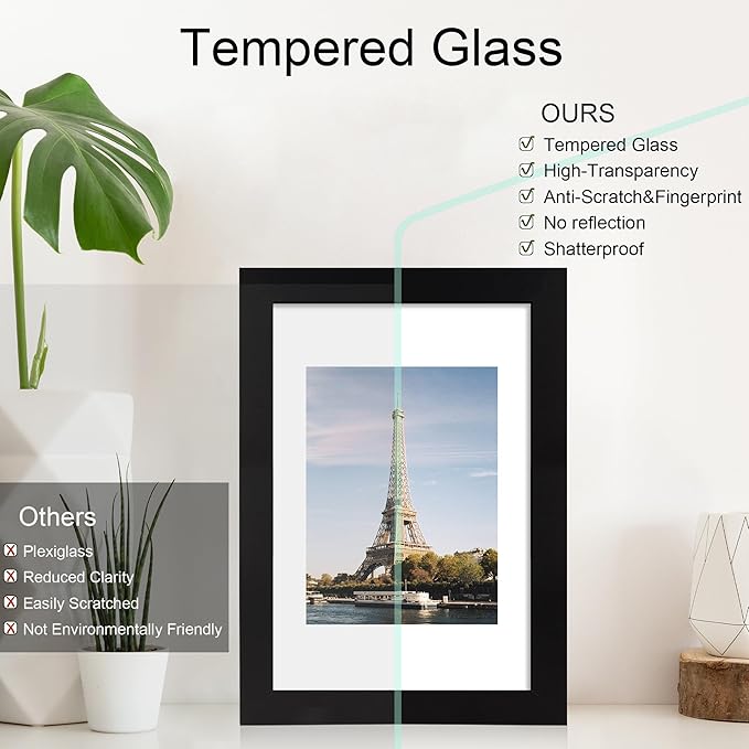 iRahmen 8x12 Picture Frame with HD Tempered Glass, Display Pictures 6x9 with Mat or 8 x 12 Without Mat, Wood Photo Frames for Tabletop and Wall Mount (Black, 1 Pack)