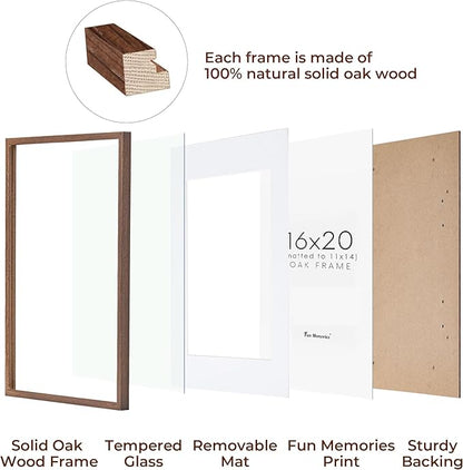 16x20 Picture Frames Set of 3, 16 x 20 Solid Oak Wood Frame for Wall, 16 x 20 Picture Frame with Tempered Glass, 16x20 Frame Matted to 11x14, Rustic Wood 16 by 20 Frames, Walnut Color