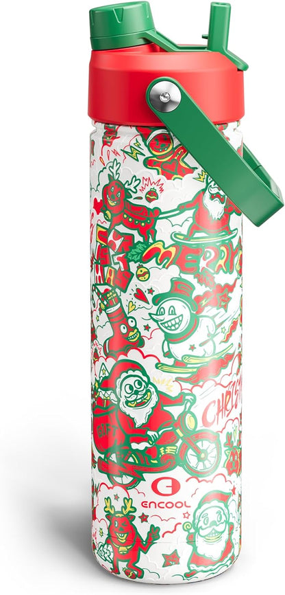 ENCOOL Christmas Insulated Water Bottle with Straw, Stainless Steel Water Bottle, Leak Proof BPA-Free, Keeps Cold for 24 Hours for Sports, Christmas Holiday Gifts for Women, 26 oz, Santa Rider