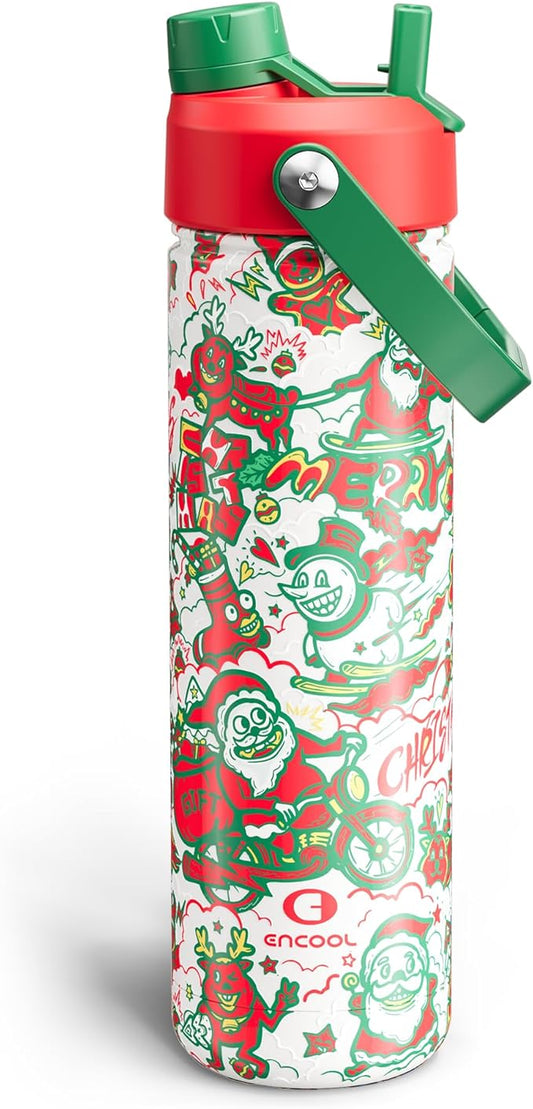 ENCOOL Christmas Insulated Water Bottle with Straw, Stainless Steel Water Bottle, Leak Proof BPA-Free, Keeps Cold for 24 Hours for Sports, Christmas Holiday Gifts for Women, 26 oz, Santa Rider