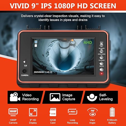 Sewer Camera, Self-Leveling Drain Camera 100 ft with Distance Counter, 9" 1080P HD Plumbing Cameras Snake with 12 LED Lights, IP68 & 32GB DVR, Industrial Endoscope for Duct Sewer Line Pipe Inspection