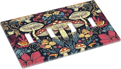Light Switch Cover Plate Coloful Red Yellow Orange Magical Mushroom Forest 4 Gang Quad Toggle Wall Plate Electrical Outlet Cover Decorative Switch Plate Covers for Bedroom Home Decor
