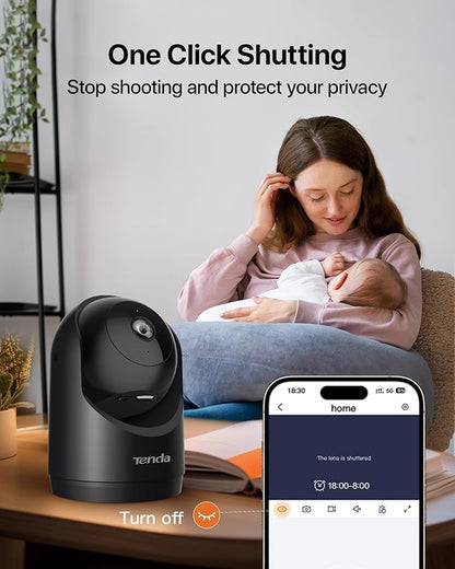 Tenda 2K Indoor Security Camera for Baby Monitor, WiFi 6 Pet/Dog Camera for Home Security, 360° Pan/Tilt, 2-Way Audio, Motion Detection, Night Vision, Cloud & SD Card Storage, Black(CP3-V3.0)