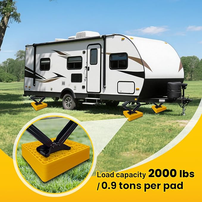 ROBLOCK Large RV Jack Stabilizer Pads,Sinking Resistant Stackable Camper Stabilizer Pads with Easy-Grip Handle and Handy Strap, Easy Storage & Organization, Yellow 4 Pack 14" x 12"
