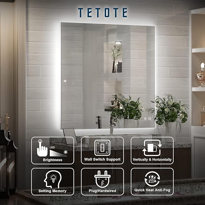 TETOTE 36 x 36 Inch LED Backlit Mirror with Light Bathroom,Anti-Fog,Dimmable,CRI90+,IP 54Water Proof,Vanity Mirror with Light,Wall Mounted,Horizontal/Vertical