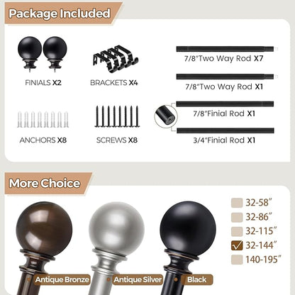 KAMANINA Black Curtain Rods for Windows 72 to 144 Inches (6-12ft), Long Heavy Duty Curtain Rods, 7/8 Inch Decorative Drapery Rod with Round Finials