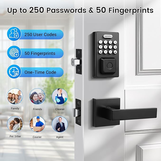 KNOBWELL Smart Fingerprint Door Lock with Lever Handle, Keyless Entry, Biometric Keypad, Electronic Deadbolt Lock，Matte Black