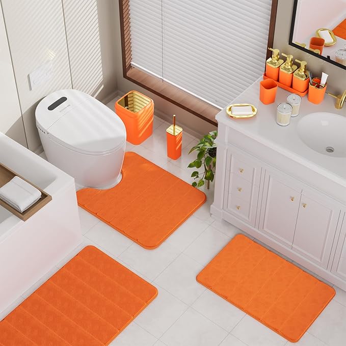 Bathroom Sets with Shower Curtain and Rugs, 27PC Bathroom Accessory Set, Orange Bathroom Set, Orange and Gold Bathroom Accessories Set with Trash Can, Toilet Brush and Soap Dispensers