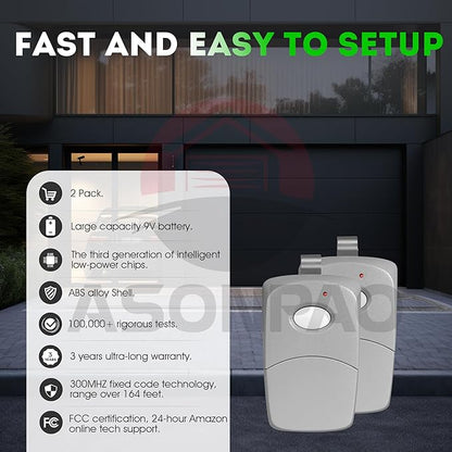 2 for Multicode Linear 308911, 10 Dip Switch Gate Opener Remote 300MHz, Multi Code Garage Door Opener Remote, 3-Year-Warranty
