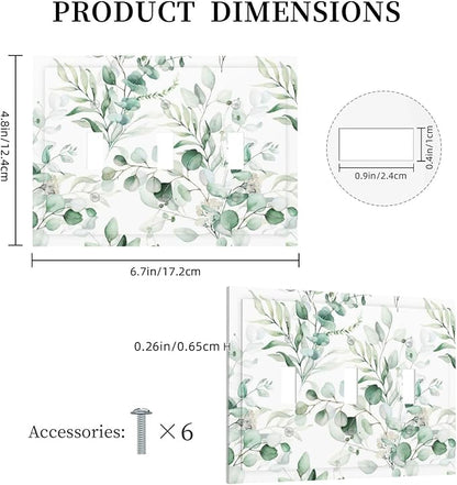 Boho Green Eucalyptus Leaf Floral Plants Flowers Decorative Switch Plates 3 Gang Wall Plate Triple Toggle Light Switch Cover Faceplate Electrical Wall Panels for Bed Room Living Room Decor