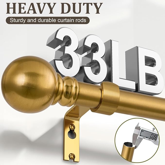 Modern Gold Curtain Rods for Windows 72 to 144 Inch 1" Diameter Adjustable Heavy Duty Brass Long Window Curtain Rod with Metal Finials for Living Room Bedroom Farmhouse Kitchen Outdoor