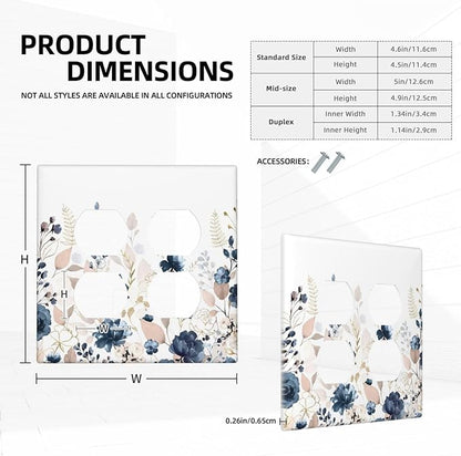 Blue Flora Boho Vintage Flower Golden Leaves Outlet Covers 2 Gang Double Duplex Decorative Light Switch Covers Electrical Wallplates Socket Faceplate for Bedroom Living Room Decor