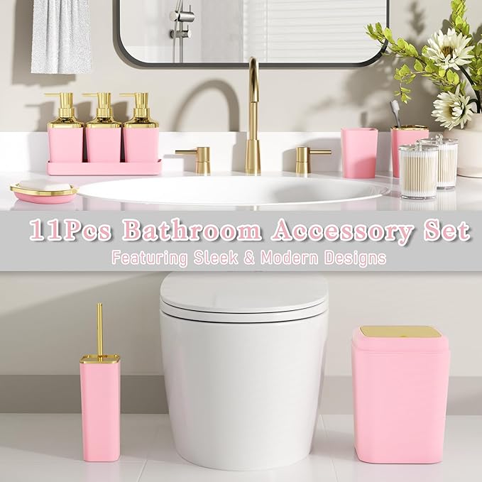 Bathroom Accessory Set, 11PC Bathroom Set, Pink Bathroom Accessories, Bathroom Accessories Set with Trash Can, 3PC Soap Dispensers and Toilet Brush