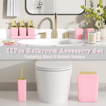 Bathroom Accessory Set, 11PC Bathroom Set, Pink Bathroom Accessories, Bathroom Accessories Set with Trash Can, 3PC Soap Dispensers and Toilet Brush