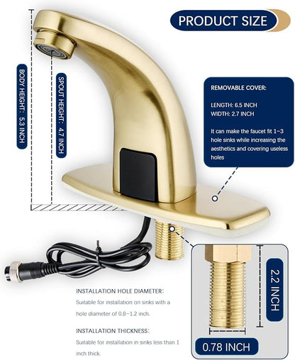 Touchless Bathroom Sink Faucet，Automatic Motion Sensor Faucets with Deck Plate for Commercial Lavatory Gold Plated