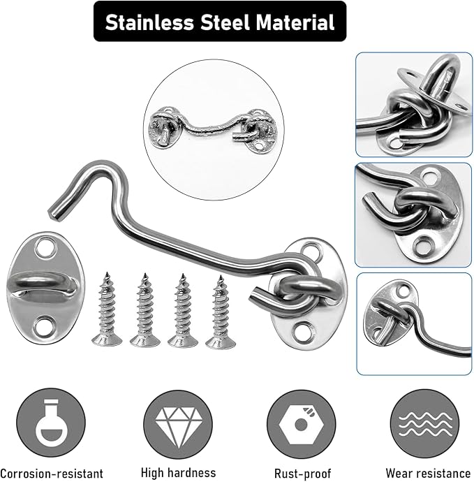 4-Pack 4Inch Door Lock Gate Latch Premium Stainless Steel Hook and Eye Gate Latch Cabin Hook with 16pcs Screws, Silver