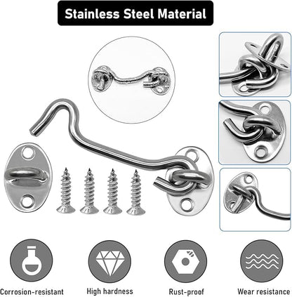 4-Pack 4Inch Door Lock Gate Latch Premium Stainless Steel Hook and Eye Gate Latch Cabin Hook with 16pcs Screws, Silver