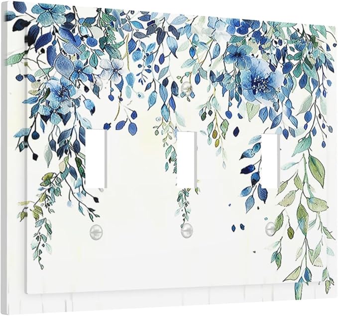 Decorative Switch Plates Boho Vintage Flowers Blue Green Sage 3 Gang Wall Plate Triple Toggle Light Switch Cover Faceplate Electrical Wall Panels for Bedroom Farmhouse Decor