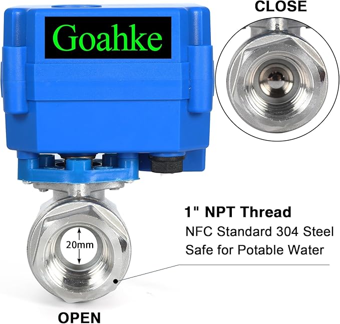 Motorized Ball Valve 1", Standard Port, Stainless Steel Ball Valve, 2 Wire Auto Return, 9-24V AC/DC, Electric Shut Off Ball Valves